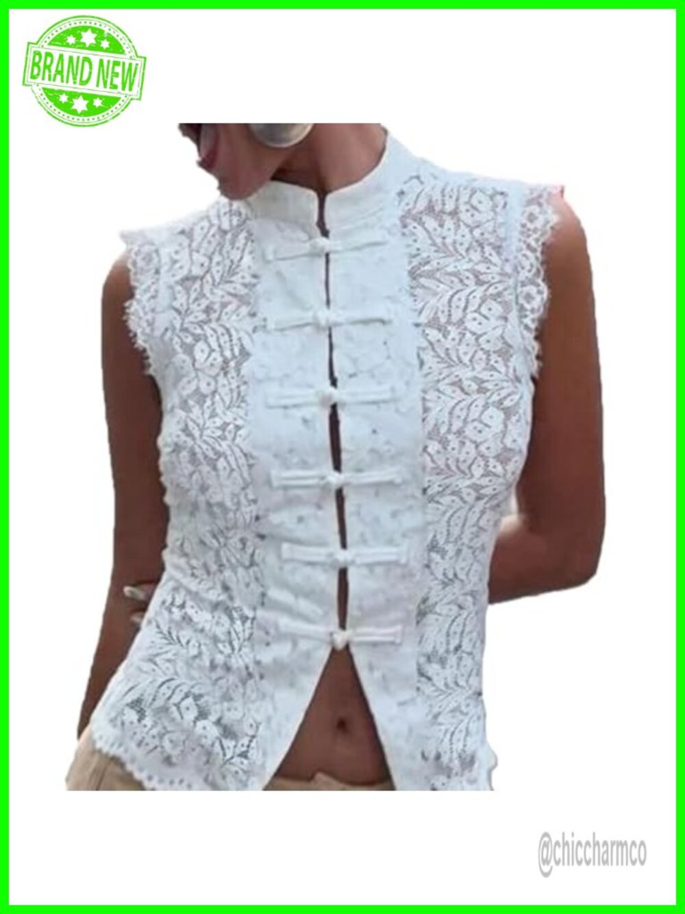 Women's Lace Crop Tank Top High Neck Sleeveless Sheer Elastane Slim Fit